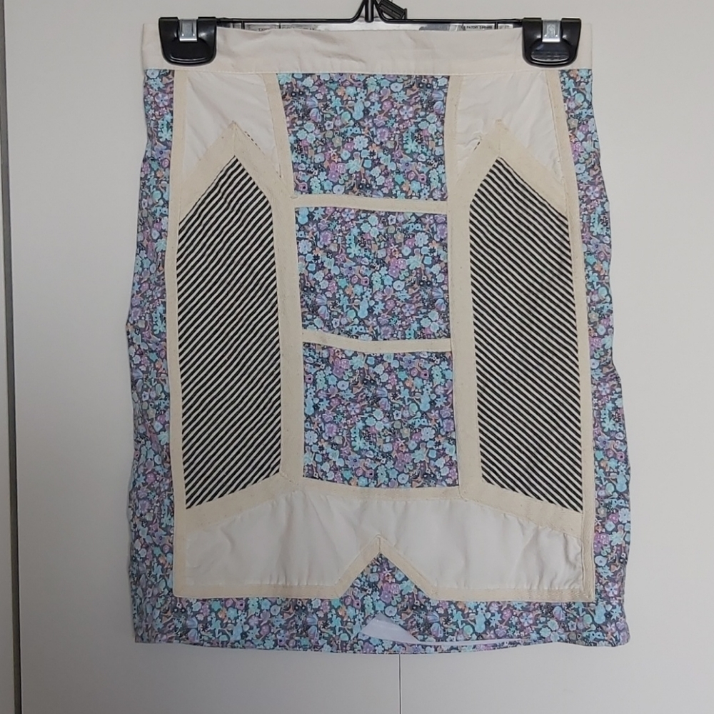 Floral Patchwork Pencil Skirt in Blue,Lilac and Cream